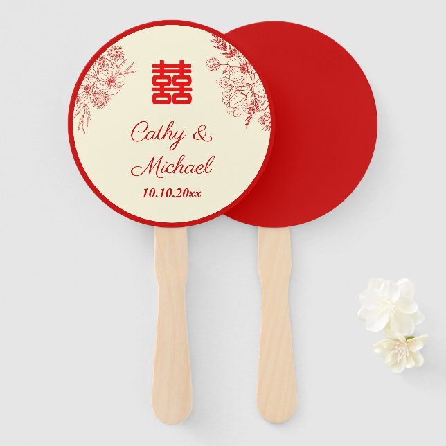 Éventail Fleur orientale mariage rouge (Devant et derrière)