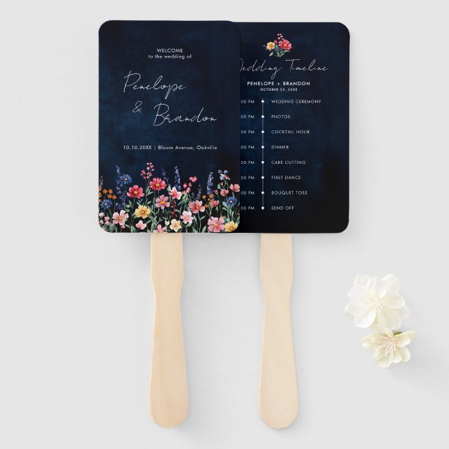 Éventail Fleur sauvage Rustic Floral Navy Mariage Timeline (Devant et derrière)