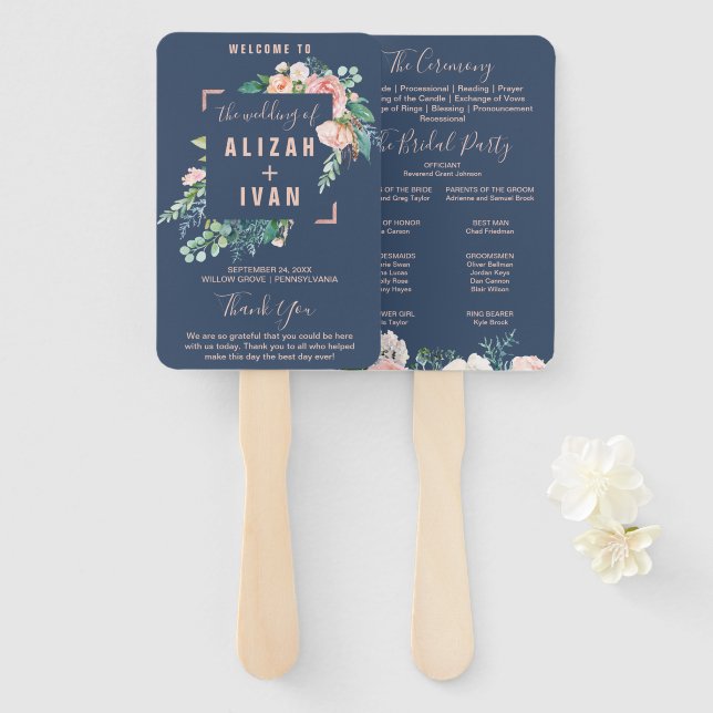 Éventail Fleurs de pivoines romantiques | Programme de mari (Devant et derrière)