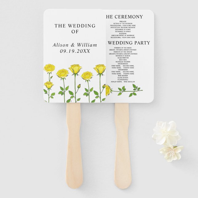 Éventail Fleurs de rose jaune programme de mariage printani (Devant et derrière)