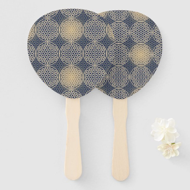 Éventail FLEURS DE VIE - motif de sable bleu (Devant et derrière)