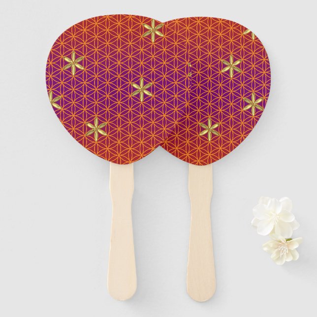 Éventail FLEURS DE VIE - motif d'or rouge (Devant et derrière)