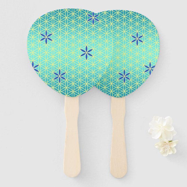 Éventail FLEURS DE VIE - motif jaune cyan (Devant et derrière)