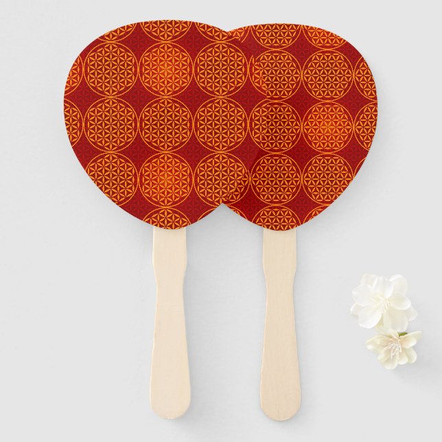 Éventail FLEURS DE VIE - motif rouge orange (Devant et derrière)