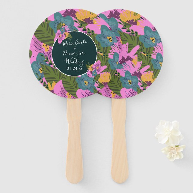 Éventail Fleurs dessinées à la main Mariage Vert sauge rose (Devant et derrière)