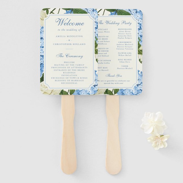 Éventail Fleurs d'hortensia bleues Roses blanches Programme (Devant et derrière)