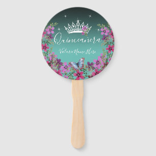 Éventail Fleurs et papillon Quinceanera bleu