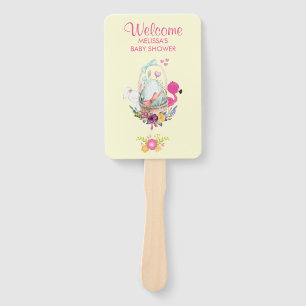 Éventail Fleurs roses, Oeuf, Flamant rose et lapin Aquarell