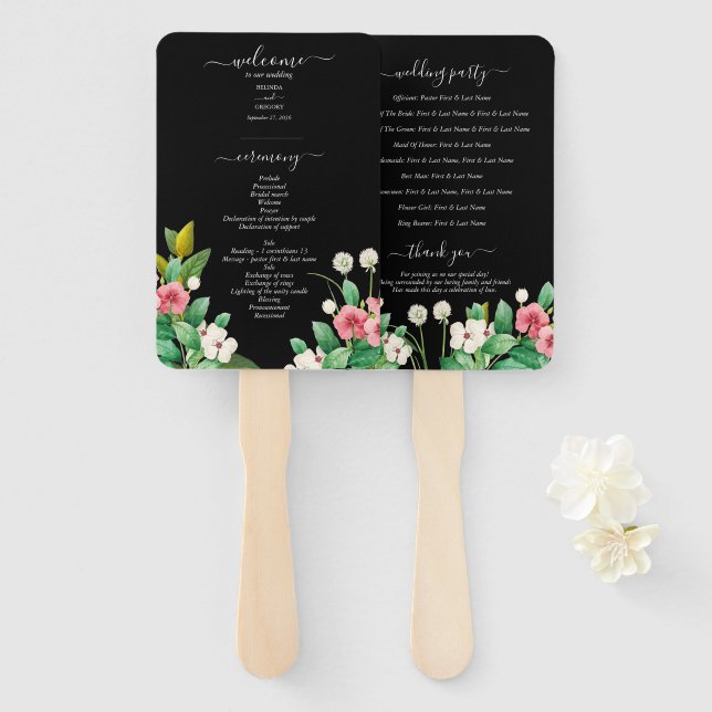 Éventail Fleurs Sauvages Mariage Pervenche Noir Programme (Devant et derrière)