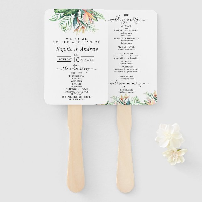 Éventail Fleurs tropicales et Feuilles de verdure Ensemble  (Devant et derrière)