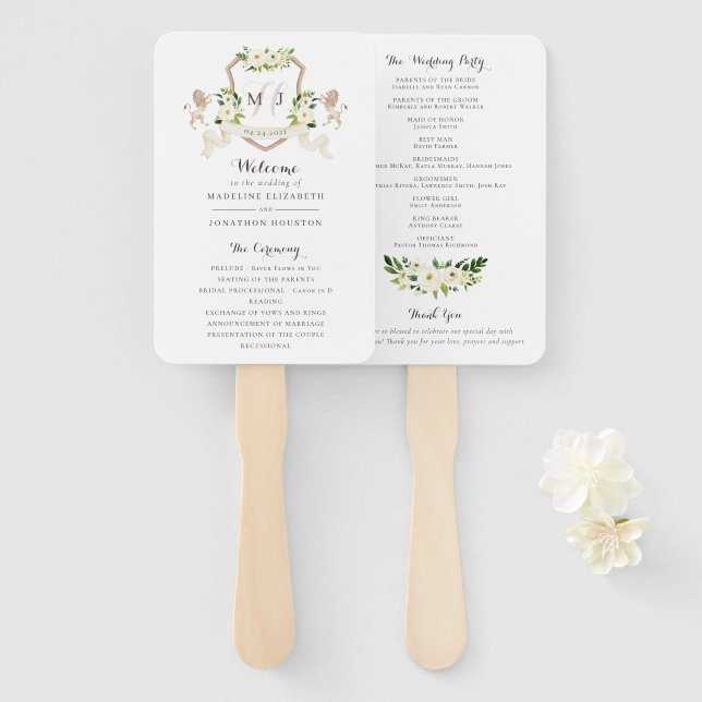 Éventail Floral Beige Blanc Vert Élégante Cérémonie d'ivoir (Devant et derrière)