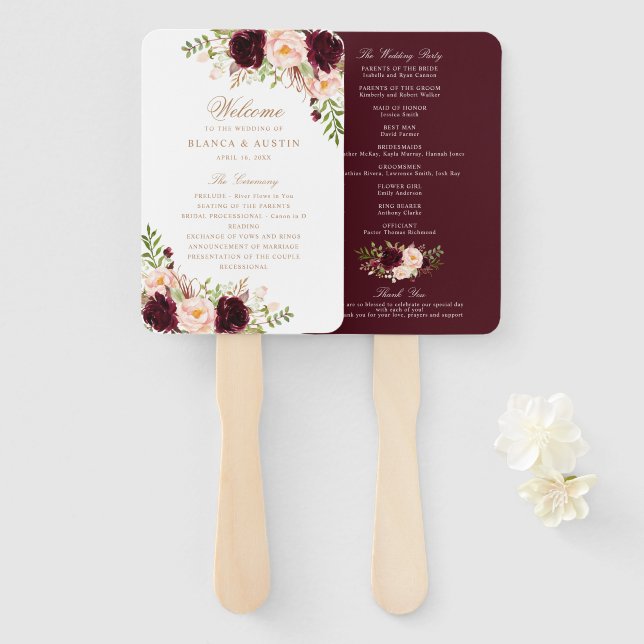 Éventail Floral Burgundy Blush Élégant programme de mariage (Devant et derrière)