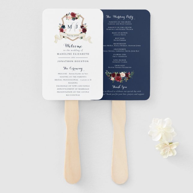 Éventail Floral Burgundy Marine Bleu Vert Élégant Crest (Devant et derrière)