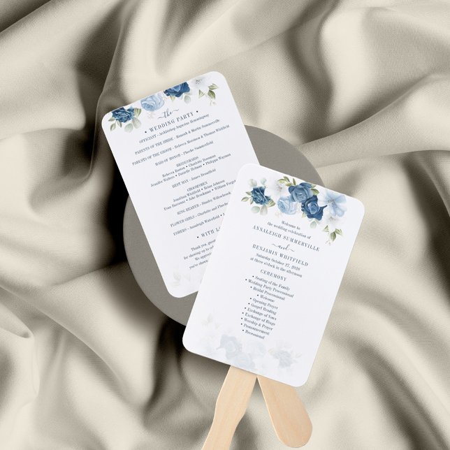 Éventail Floral Dusty Blue Foliage Mariage programme de cér (Dusty Blue Floral Watercolor Wedding Program Hand Fan)