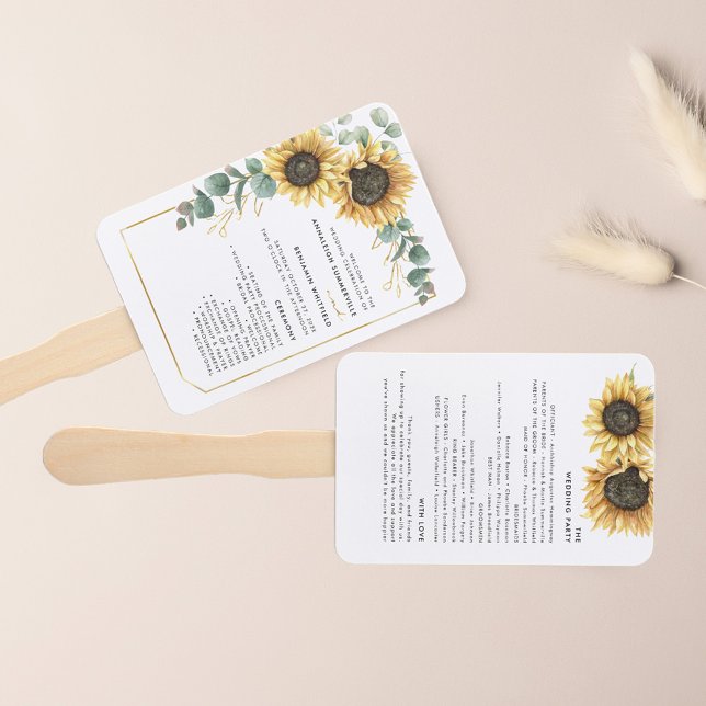 Éventail Floral Sunflower Programme de mariage vert (Sunflower Eucalyptus Greenery Floral Wedding Program Hand Fan)