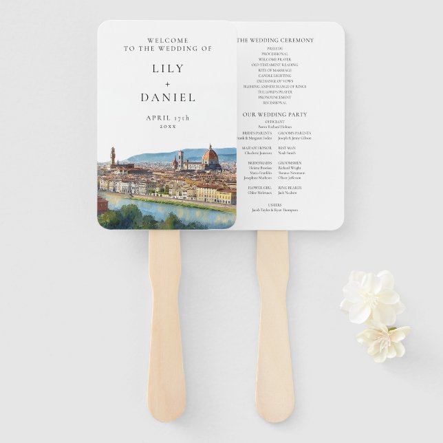 Éventail Florence Skyline Watercolor Wedding Program (Devant et derrière)