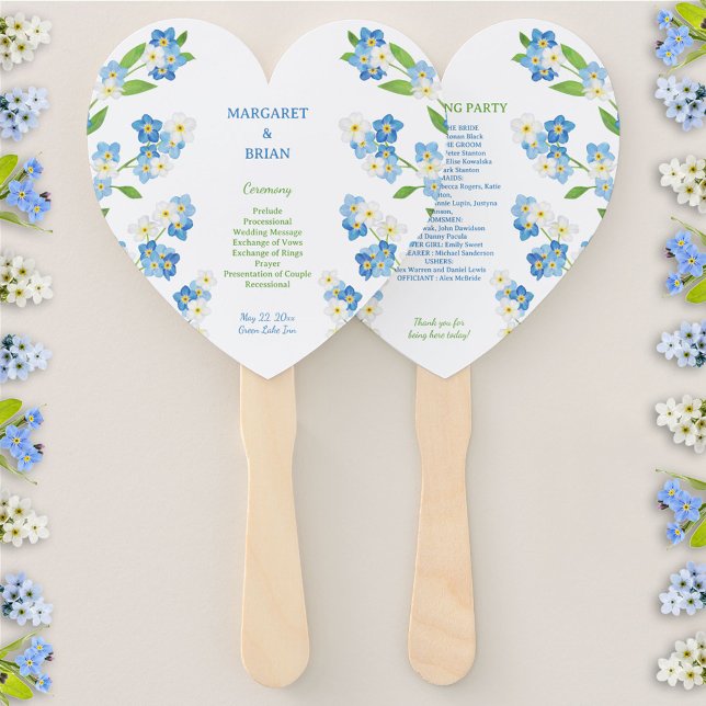Éventail Forget-Me-Nots Programme de mariage bleu et blanc (Forget-Me-Nots Blue & White Watercolor Wedding Program Hand Fan)