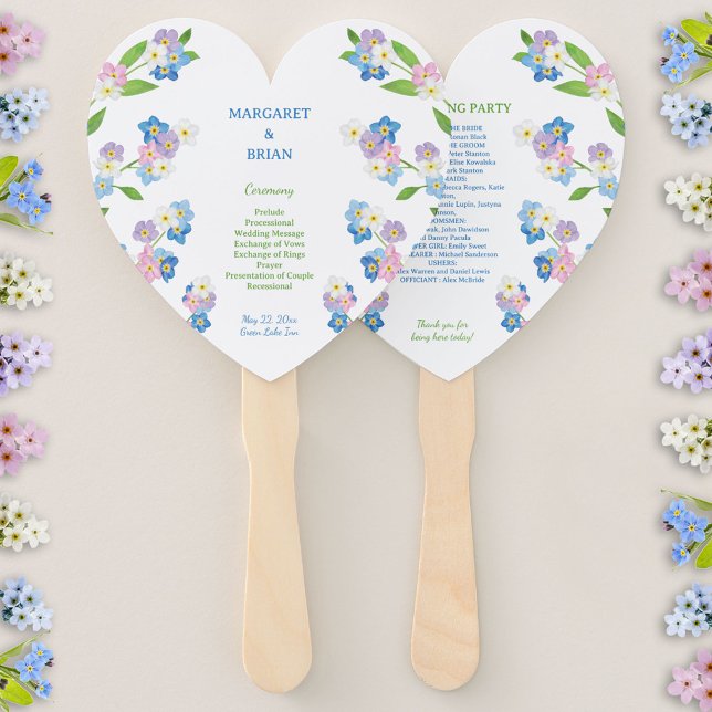 Éventail Forget-Me-Nots Programme de mariage bleu et rose (Forget-Me-Not Blue & Pink Watercolor Wedding Program Hand Fan)