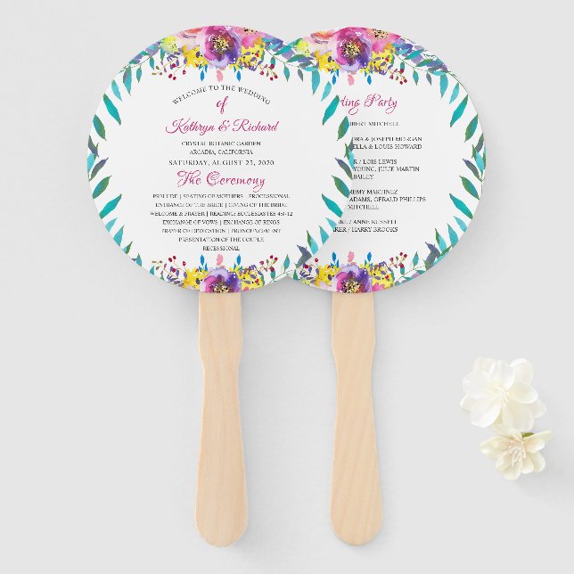 Éventail Fuchsia Gold Floral Chic Wedding Programme Fan à m (Devant et derrière)