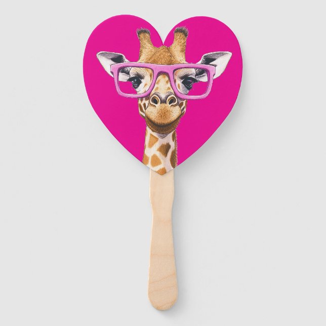 Éventail Giraffe avec lunettes roses Favors (bg rose foncé) (Devant)