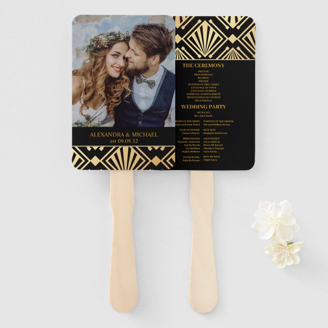 Éventail Glam Art Déco Black Gatsby 1920 Style Mariage (Devant et derrière)
