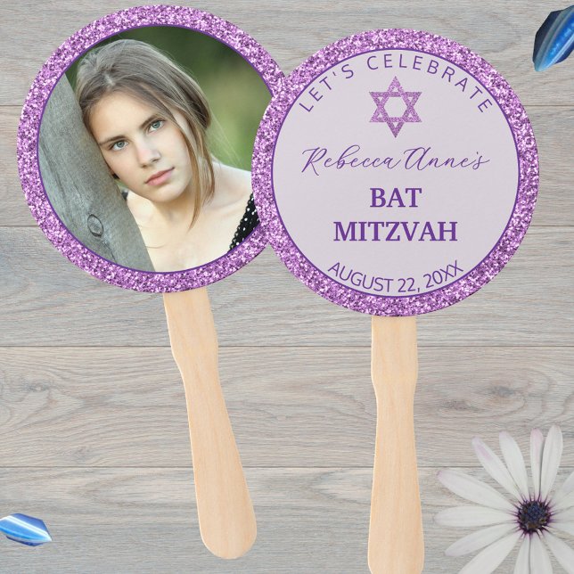 Éventail Glam Purple Fille à la mode Bat mitzvah de photo (Just add your photo and custom text to these reversible Bat Mitzvah hand fans)