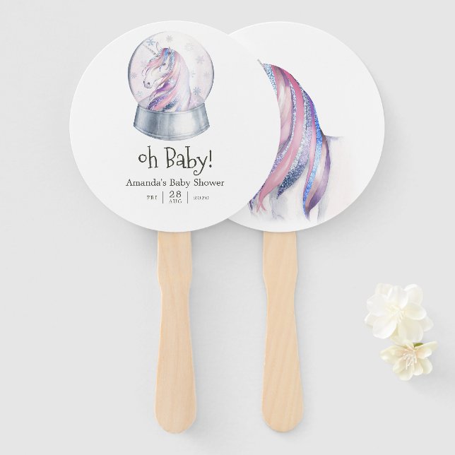 Éventail Glitter Licorne Baby Shower Aquarelle (Devant et derrière)