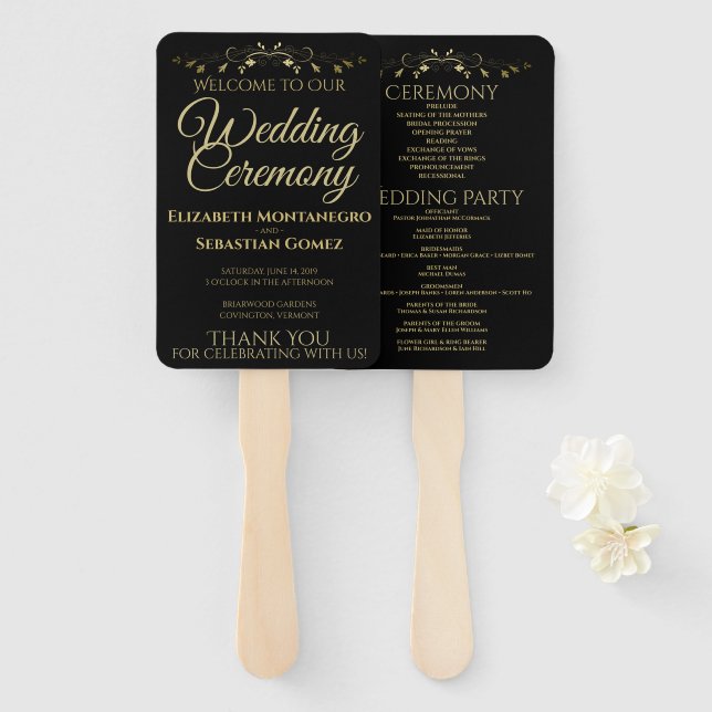 Éventail Gold & Black Élégant programme de mariage florissa (Devant et derrière)