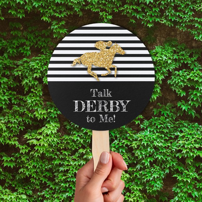 Éventail Gold Derby Racehorse Black and White Stripes (Talk Derby to Me gold racehorse on black and white stripes hand fans)