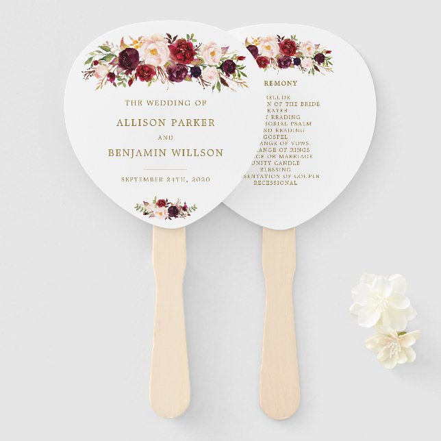 Éventail Gold Marsala Fleurs Boho Wedding Programme Fans (Devant et derrière)