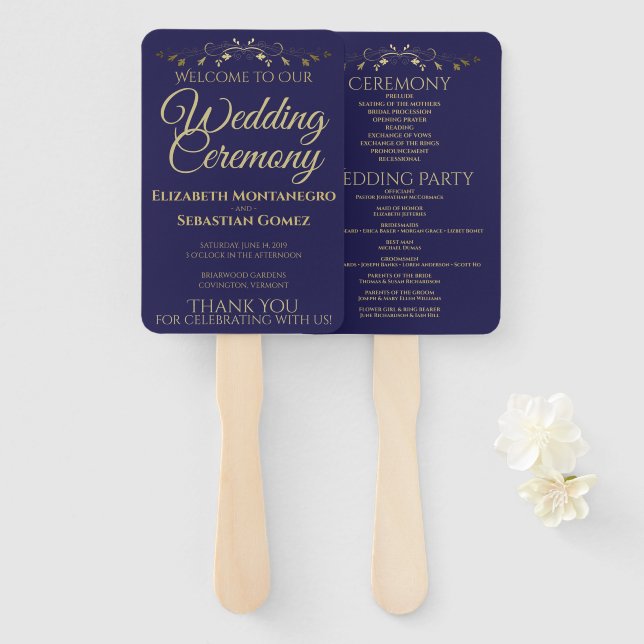 Éventail Gold & Navy Blue Elegant Flourish Wedding Programm (Devant et derrière)