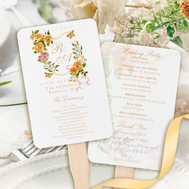 Éventail Gold Rose Ribbon Monogram Wedding (Gold Rose Ribbon Monogram Wedding Hand Fan Program)