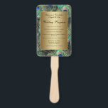 Éventail Golden Peacock Feather Wedding Programme<br><div class="desc">Programme de mariage et détails de la fête de mariage sur mesure imprimé sur un ventilateur pratique... Arrière - plan élégant et raffiné en plumes de paon dans les riches couleurs saturées de bleu royal, or de cuivre et vert émeraude turquoise. Le paon est un oiseau majestueux avec des plumes...</div>