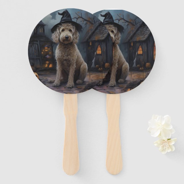 Éventail Goldendoodle Citrouilles Halloween Effrayant (Devant et derrière)