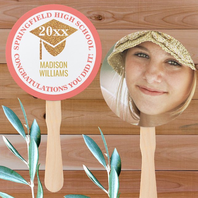 Éventail Graduation Coral Pink Gold Photo Félicitations (Créateur téléchargé)