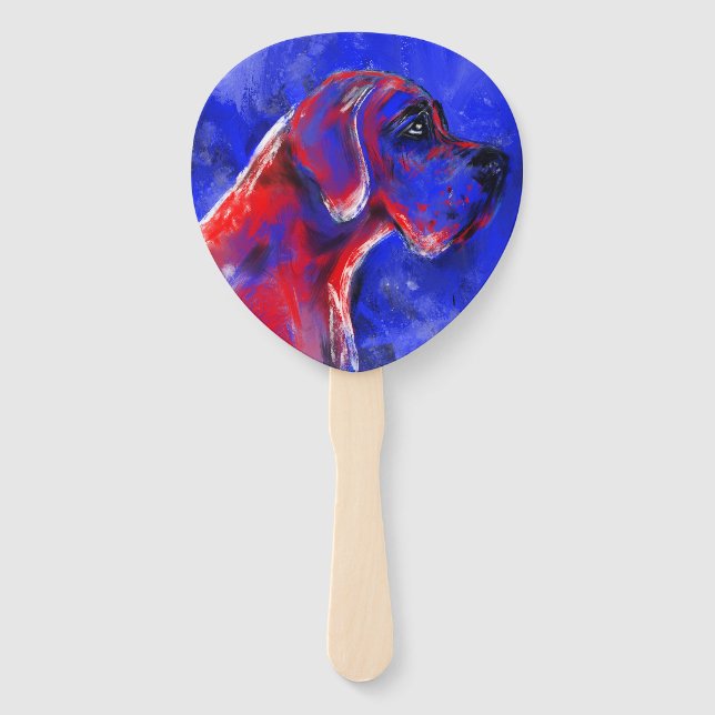 Éventail Grand Danois en bleu et rouge (Devant)