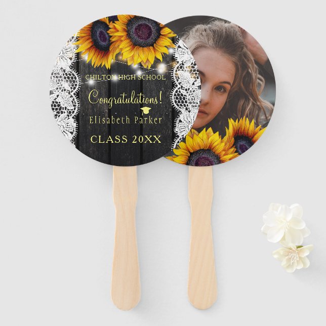 Éventail Grange de tournesol d'or bois de la fête de gradua (Devant et derrière)