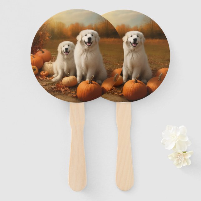 Éventail Great Pyrenees chiot Autumn Delight Citrouille  (Devant et derrière)