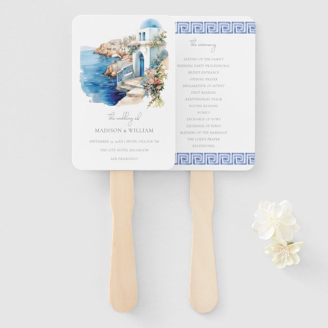 Éventail Grèce Santorin Aquarelle Mariage Sur mesure (Devant et derrière)