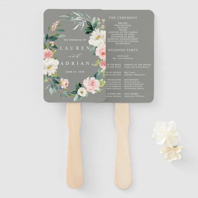 Éventail Gris Blush Floral Wreath Programme de mariage Vent (Devant et derrière)