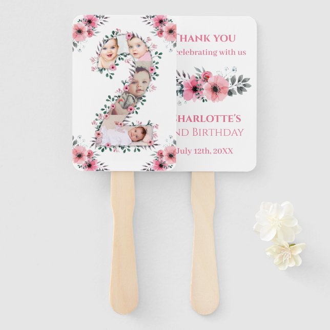 Éventail Gros 2e anniversaire fille photo Collage Fleur ros (Devant et derrière)