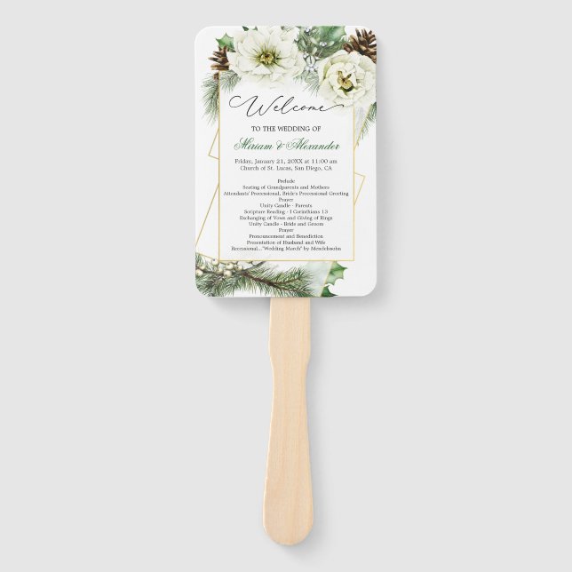 Éventail Hiver Rose Pine Holly Programme de mariage Hand Fa (Devant)