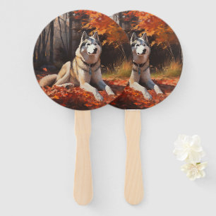 Éventail Husky sibérien dans les feuilles d'automne qui tom