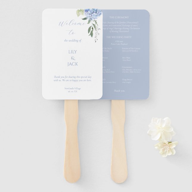 Éventail Hydrangée florale bleu et blanc Dusty Ensemble de  (Devant et derrière)