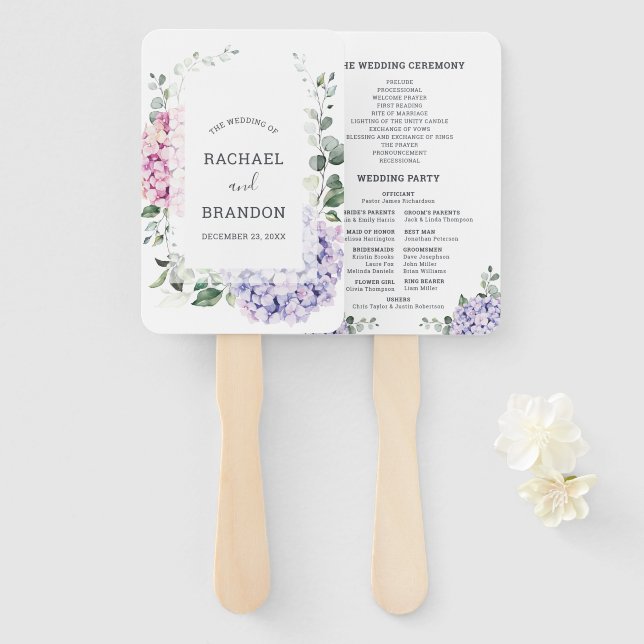 Éventail Hydrangées rose pâle et mariage d'eucalyptus (Devant et derrière)