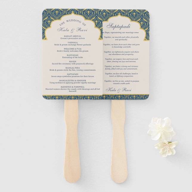 Éventail Indian Hindu Saptapadi Programme de mariage d'or (Devant et derrière)