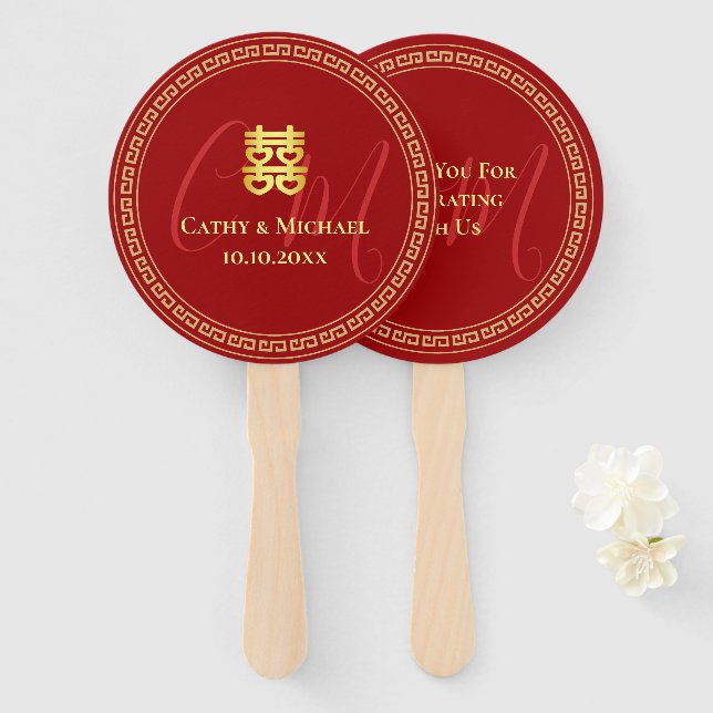 Éventail Initiales de couple mariage chinois rouge (Devant et derrière)