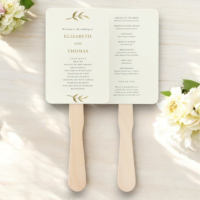 Éventail ivoire et or coutume programme de mariage modèle (wedding program hand fan template in ivory and gold , ideal for a luxury summer wedding)