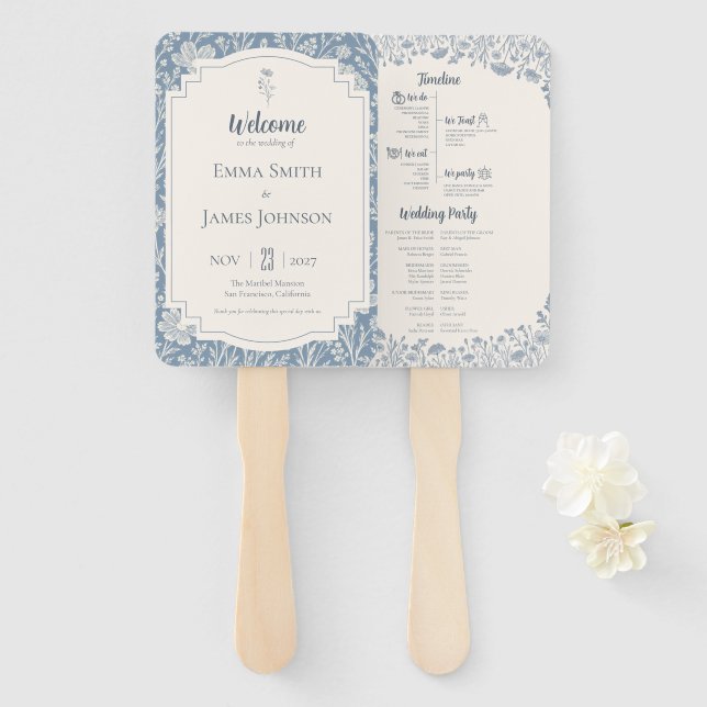 Éventail Ivory Periwinkle Wildflower Wedding Program (Devant et derrière)