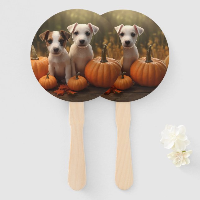 Éventail Jack Russell chiot Autumn Delight Citrouille  (Devant et derrière)